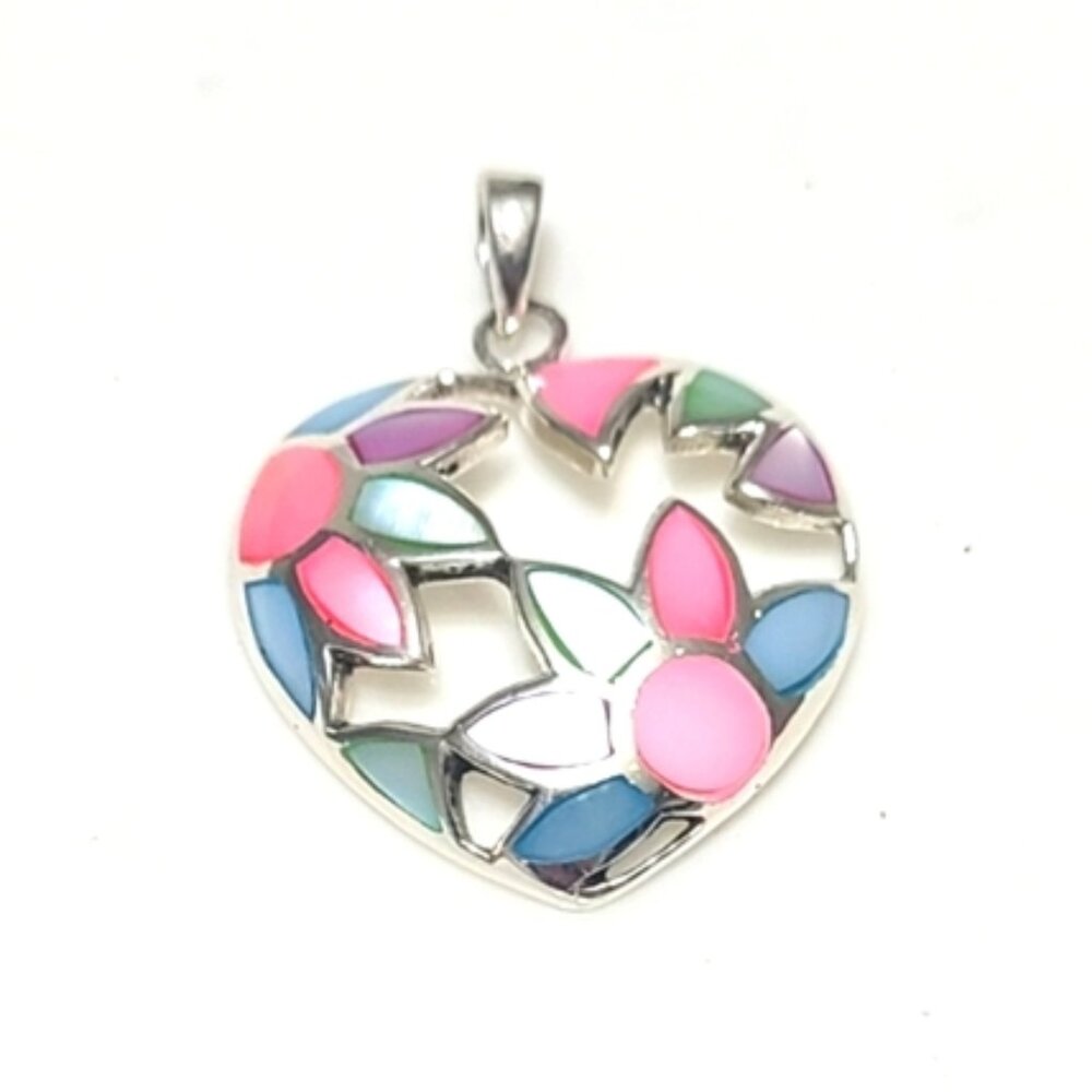 Vintage Sterling Silver Colourful Pearl Chunky Floral Cut Out Heart Pendant